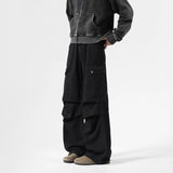 White Tie-dye Pocket Jeans Men's Straight Chic Pleated Handsome Cargo Pants High Street Fashion Loose Casual Denim Trousers