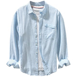100% Linen Striped Shirt Men Spring Fall Fashion Long Sleeve Casual Loose Classical Blouses Teens Breathable Cozy Tops Male