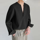 Fashion Men Shirt Solid Color Loose V Neck Long Sleeve Men Clothing Streetwear Korean Style Casual Shirts Men S-5XL