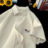 Gmiixder Bubble Yarn Embroidered Shirt Short-sleeved Summer Thin Breathable Quick-drying Beach Shirt Couple Half-sleeved Jacket