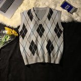 Men Sweater Vests Plaid Autumn Winter Retro Loose Couples Sleeveless Knitted Tops Chic V-neck Korean Style Soft Ins Casual Male