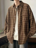 Autumn Plaid Corduroy Men Shirts New Y2K Streetwear Workwear Blouses Retro Long Sleeve Cargo Shirt Loose Casual Tops