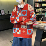 Japanese Retro Contrasting Checkered Heart-shaped Round Neck Sweater Men's and Women's Trendy Brand Loose Fitting Student Couple