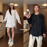 Men Women Tie-dye Long-sleeved T-shirt American O-neck Streetwear Spring Summer Hip-hop Hole Casual Loose Tops Black/White