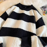 Striped Sweaters Men Fashion Loose Casual Autumn Winter Round Neck Panelled Couple Japanese Style Unisex Streetwear Knitting