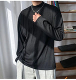 Long Sleeved T-shirt Men Casual Pleated T Shirt Men Japanese Streetwear Loose Ice Silk T Shirt Mens Stand Up Collar Tshirt