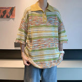 New Trend Men Fashion Striped Polo Shirt Light Luxury Hollow Out Knitted T-shirt Korean Style Summer Casual Short Sleeve Tops