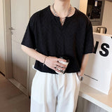 Summer Short-sleeved T-shirt Men Fashion Casual Black White Pleated Tshirt Men Streetwear Korean Loose V-neck T Shirt Men Tops