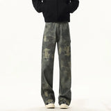 NEW Jeans Leopard Personality design Pockets Wide Leg Jeans Male American Style High Street Denim Pants Classic Denim Trousers