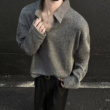 New American Retro Men Polo Shirt Luxury Knitted Solid Color V Neck Long Sleeve T-shirt Casual Premium Quality Textured Knitwear