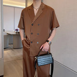 Summer Sets Men Fashion Double Breasted Short Sleeve Shirt/Trousers Two Piece Set Men Korean Loose Ice Silk Sets Mens Formal Set