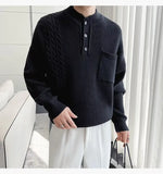 Korean Popular Men's Henry Collar Sweater Light Luxury Knit Long Sleeve Button Pullover Trending Jacquarded Solid Color Knitwear