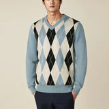 New Japanese Retro Men Sweater Luxury Trendy Plaid Patchwork V Neck Knit Solid Color Pullover Leisure Loose Long Sleeve Knitwear