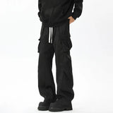 Black Casual Pants Men Retro Pocket Cargo Pants Men Japanese Streetwear Hip-hop Loose Straight Pants Mens Vintage Trousers