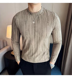 Cotton Striped T Shirt Gradient Mock Neck Men Slim Fit Tshirt Male Office Business T shirts Man Casual Long Sleeve Top Tees