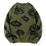 New American Trendy Men Sweater High Street Dark Eyes Printed Knit O Neck Long Sleeve Pullover Casual Loose High Street Knitwear