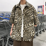Brown/Gray Leopard Printed Shirt Men Loose Breathable Men's Shirts Summer Male Shirt High Street Casual Short Sleeve Tops