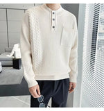Korean Popular Men's Henry Collar Sweater Light Luxury Knit Long Sleeve Button Pullover Trending Jacquarded Solid Color Knitwear