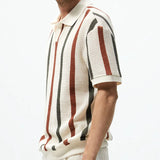 Summer Clothing Men's Luxury Hollow Out Knitted V Neck Short Sleeve Polo Shirt Leisure Striped Breathable Fashion Retro Knitwear