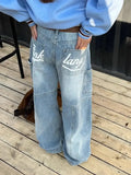 Trendy hip-hop American straight leg loose curved knife washed denim jeans for men and women personalized retro wide leg pants