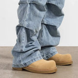 Cyber Y2K Stresswear Washed Blue Pleated Baggy New Jeans Cargo Pants For Men Designer Clothes Multi Pockets Denim Trousers