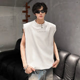 New Trendy Men's Vests Round Neck Letter Design Contrats Color Metak Sleeveless Shoulder Padded Male Tank Tops Chic