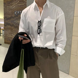 Korean Fashion Men High-end Light Blue Shirt Men Summer Solid Color Simple Casual Loose Button Pocket Long sleeve Shirts for Men