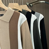 British Retro Men's Knitted Polo Shirt Light Luxury Patchwork Slim-fit Long Sleeve T-shirts Autumn Leisure Business Tops M-3XL