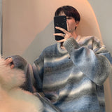 Autumn Clothing Men's Knitted Light Luxury Pullovers Sweater Korean Vintage O Neck Striped Long Sleeve Knitwear New