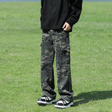 Autumn New Men's Fashion Korean Wide Leg Jeans Camouflage Patch Pocket Loose Straight Trousers Elastic Waist Pants Male