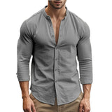 Spring and Summer Men's Shirt Cotton Linen Slim Casual Hawaii Solid Colour Basic Style Breathable Men's Versatile Tops