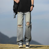 Men's denim pants - Summer American retro straight leg jeans loose and breathable high street fashion ripped casual pants