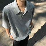 New Fashion Male T-shirt Short Sleeve Turn-down Collar Zipper Top Casual Solid Color Men Clothing Summer Trend