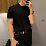 Fashion Simple Solid Color Slim Short Sleeve Ribbed Knit T Shirts Mens Clothes Spring Summer Casual Crew Neck Pullover Tops Men