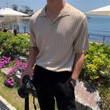 Summer Men's Ice Silk Striped Solid Color Polo Shirt V-Neck Short Sleeve Knitwear T-shirts New Luxury Casual Polos Homme
