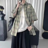 Summer Y2K Vintage Short Sleeve Shirt For Men Loose Appliques Polos Lapel Plaid Tee Shirts New High Street Pocket Blouse