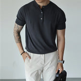 New Fashion American Style Men T-shirt Light Luxury Knitted Henry Collar Tees Casual Solid Color Short Sleeve Breathable Tops