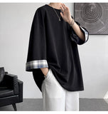men t shirts Loose Summer Men's T-shirts Women Oversized Korean Style Plaid T-shirt Casual Seven sleeves T-Shirt Male White