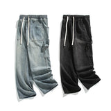 Autumn New Men's Fashion Jeans Patch Pockets Korean Wide Leg Loose Straight Trousers Drawstring Elastic Waist Pants Black Blue