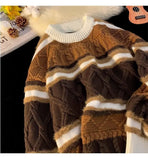 American autumn and winter street fashion personalized jacquard round neck pullover for couples loose retro color blocked knit