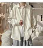 White Long Sleeved Shirt Men Fashion Black Casual Shirt Men Streetwear Korean Loose Pleated Shirt Mens Ice Silk Shirts M-3XL