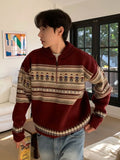 American style autumn and winter street fashion half zipper polo sweater for couples loose retro red Harajuku knit top y2k
