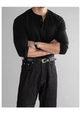 New American Fashion Men Henry Collar T-shirt Light Luxury Solid Color Long Sleeve Tops Leisure Light Business Basic Shirt M-3XL