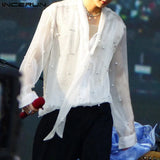 Stylish Men's Tops See-through Fabric Pearl Decoration Shirts Casual Clubwear Male Hot Selling Thin Long Sleeved Blouse