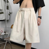 Korean Style Mens Casual Shorts Ribbons Belt Knee-Length Suit Pant Black Beige Elastic Waist Loose Summer Short Trouser Boy