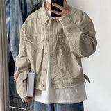 Niche Frayed Retro Denim Jacket High Street Workwear Jean Coats for Men Loose Short Casual Outwear Pink Trendy Men's Clothing