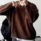 New American Retro Men Jacquarded Sweater Casual V Neck Solid Color Long Sleeve Knitwear Premium Quality Knitted Pullovers M-2XL