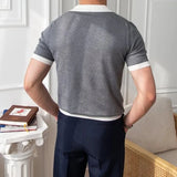 New Trend Men Business Polo Shirt Light Luxury Popular Slim V Neck T-shirt Leisure Patchwork Short Sleeve Tops Retro Knitwear