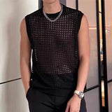 New Men Casual Hollow Out Tank Tops Sexy Transparent Solid Color Sleeveless Tees Fashion Fitness Vest Breathable Mesh Gym Tops