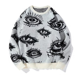 New American Trendy Men Sweater High Street Dark Eyes Printed Knit O Neck Long Sleeve Pullover Casual Loose High Street Knitwear